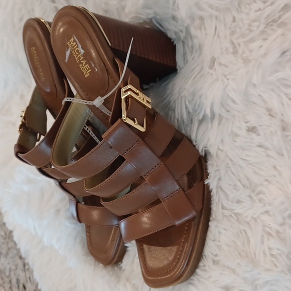 MICHAEL KORS JAGGER Leather Slide Slip On High Heels Brown NEW SZ 9.5 - Picture 10 of 16